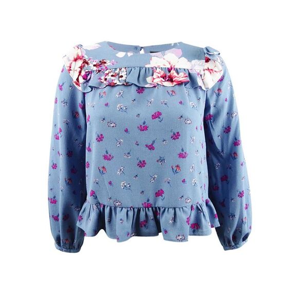 Jill Jill Stuart Women's Floral-Print Ruffled Top (L, Chambray Rose Print) - Picture 1 of 2